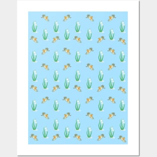 Red Robin Birds and Snowdrop Pattern on light Blue Background Posters and Art